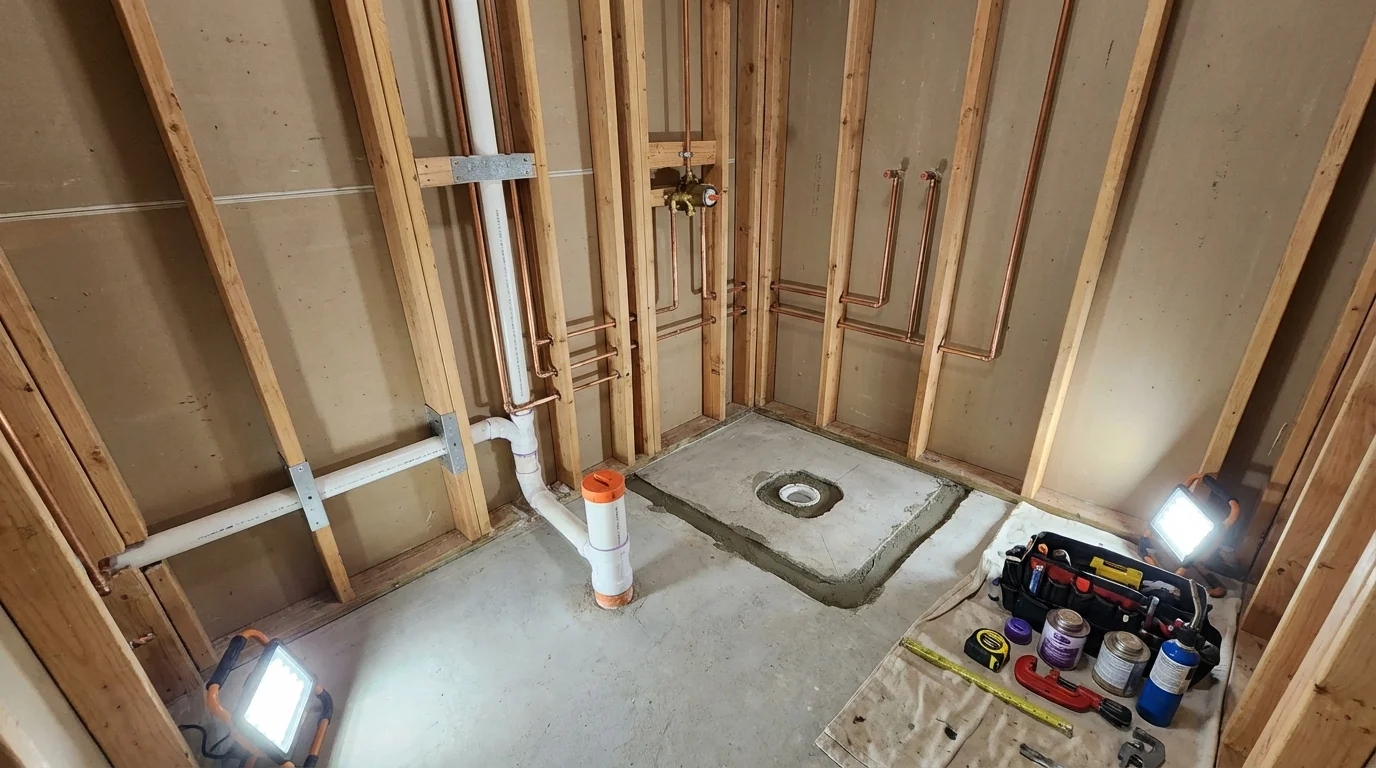 Bathroom rough-in plumbing during remodel by Johns Plumbing LLC in Kahului
