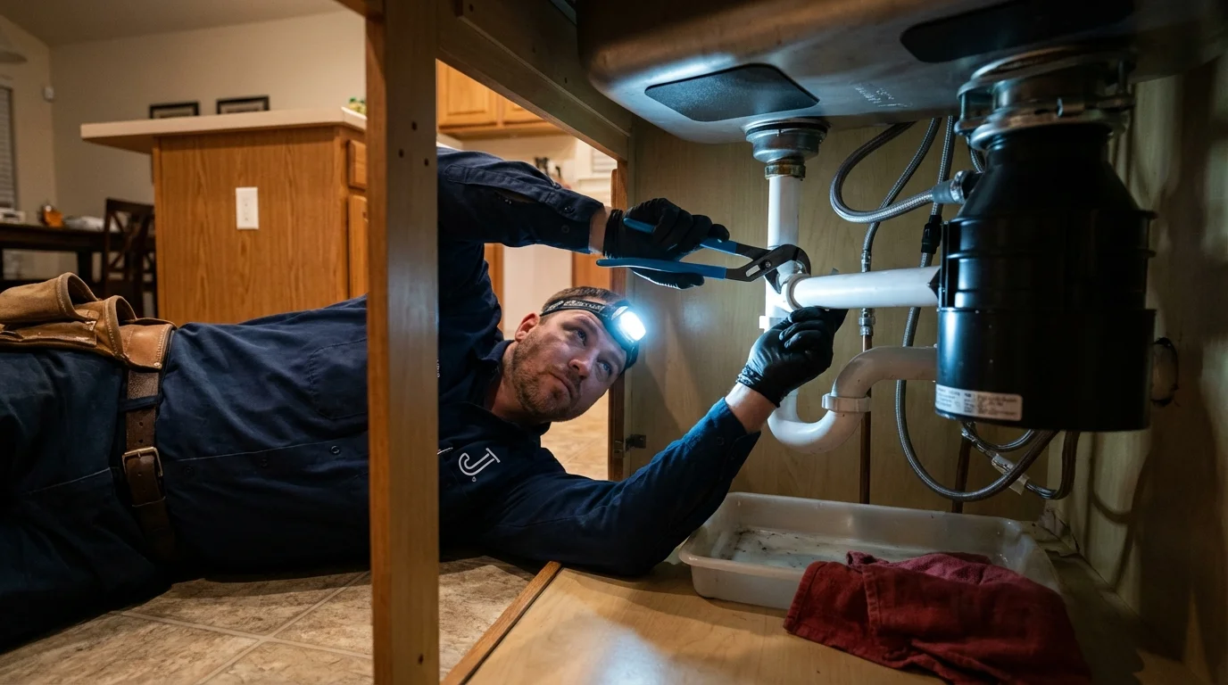 P-trap and supply line connections under a kitchen sink showing a common leak point in Kahului, HI